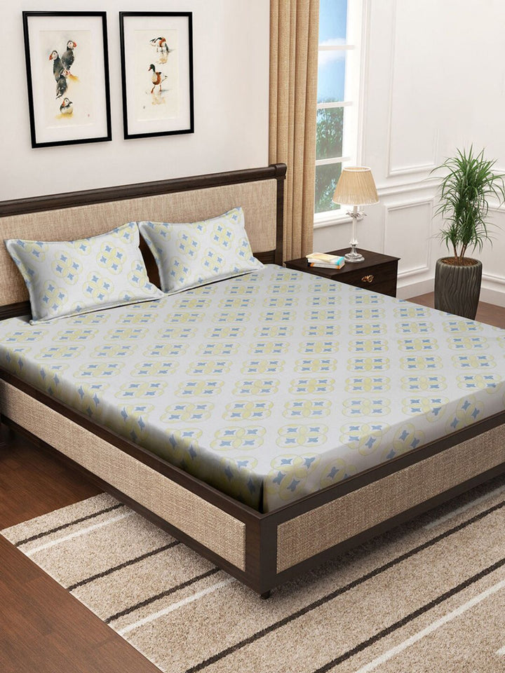 KLOTTHE White Floral Pure Cotton 400 TC King Superfine Bedsheet with 2 Pillow Covers-98 x 89 inches