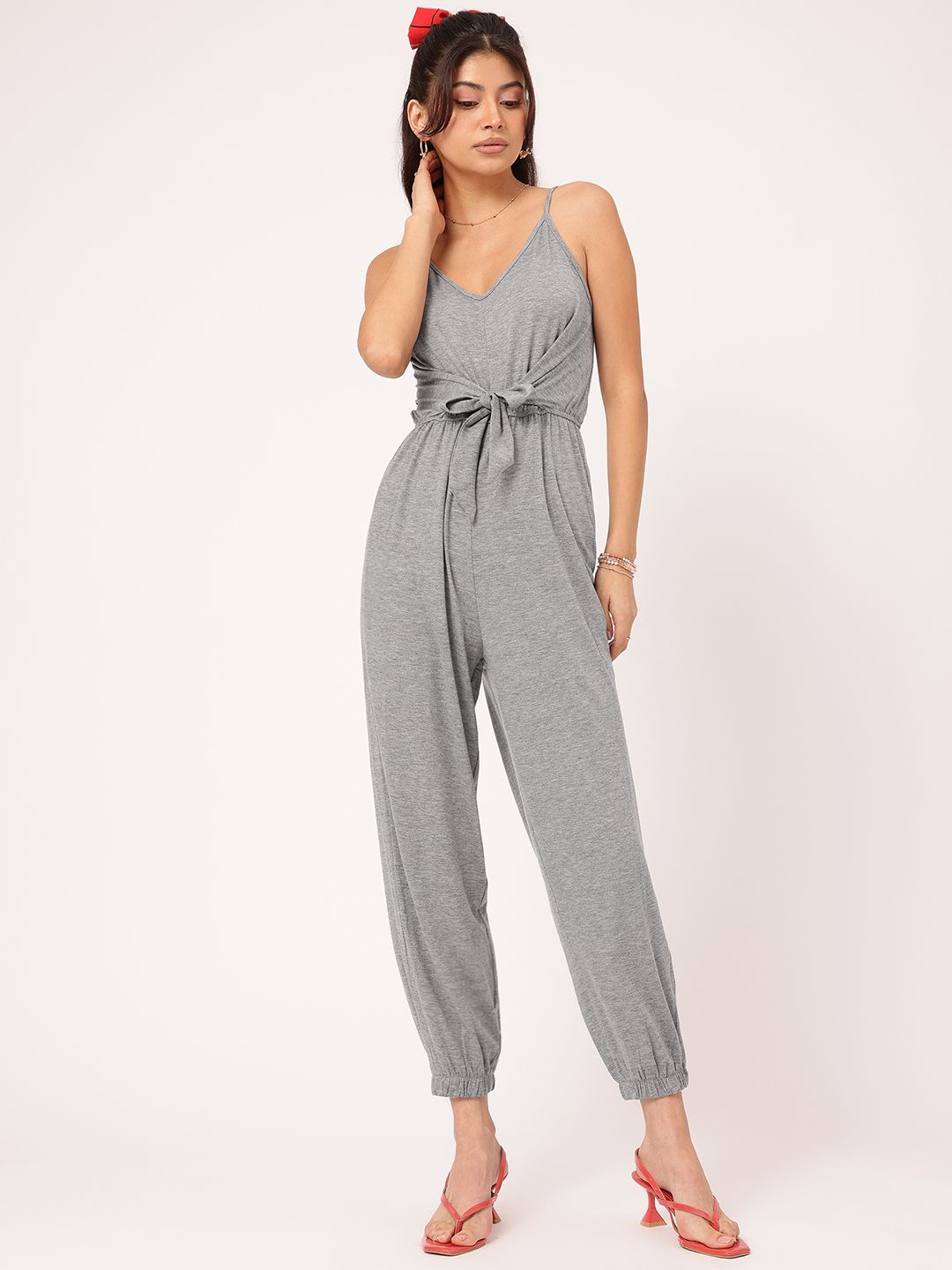 DressBerry Fashionably Tied Cinched Waist Crop Jumpsuit