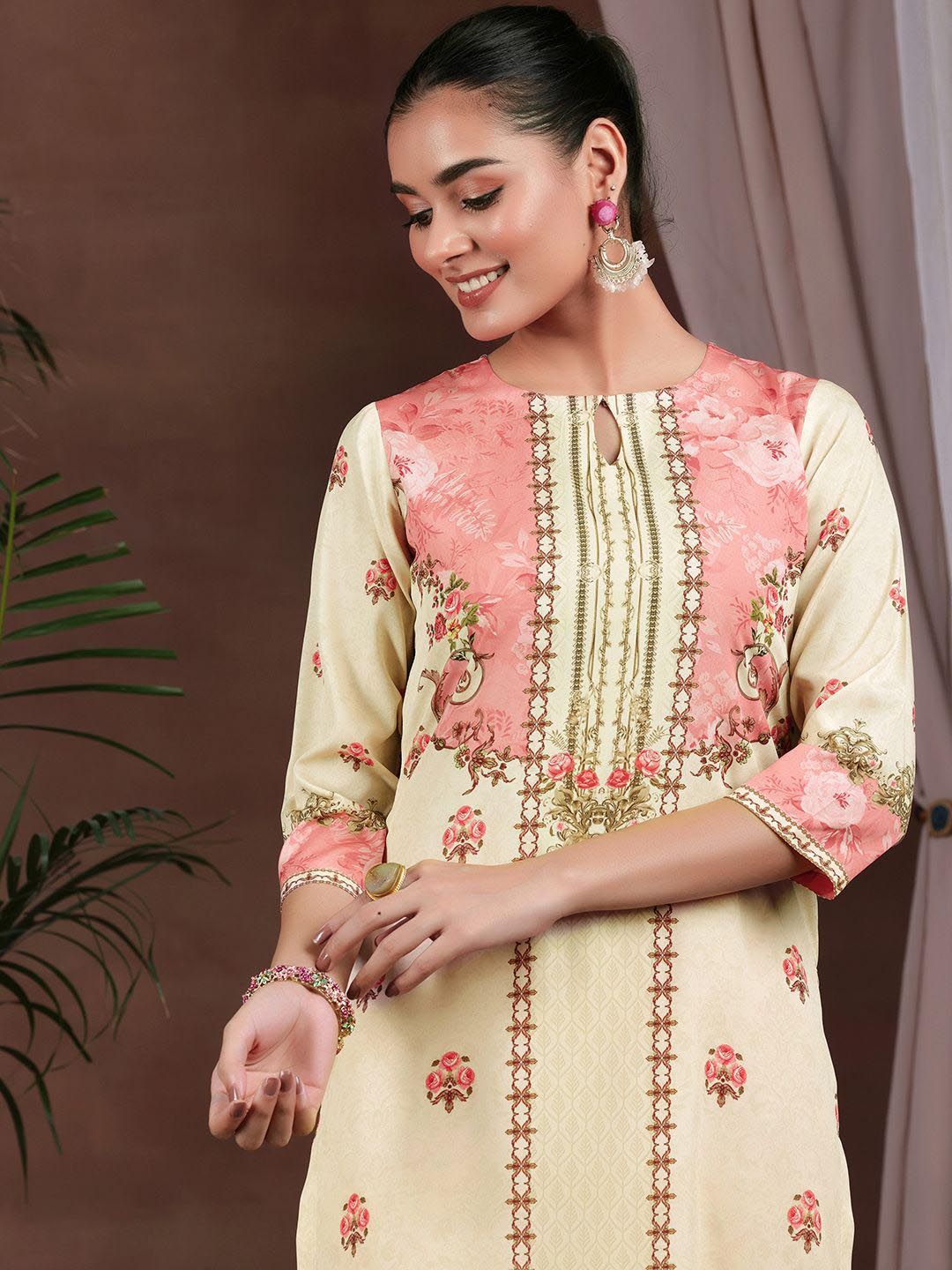 Libas Floral Printed Keyhole Neck Straight Kurta with Trousers & Dupatta