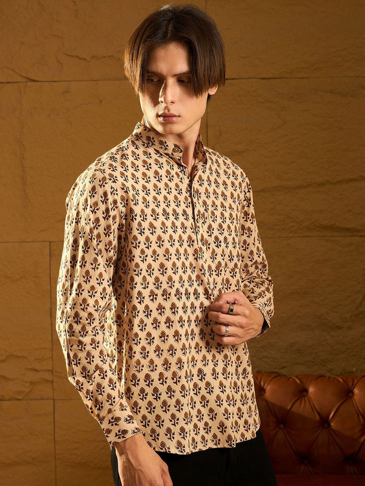 DENNISON Floral Block Printed Mandarin Collar Cotton Short Kurta
