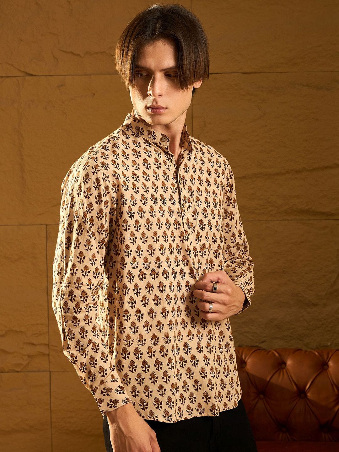 DENNISON Floral Block Printed Mandarin Collar Cotton Short Kurta
