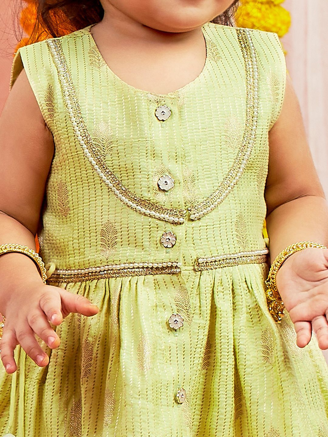 VASTRAMAY Girls Ethnic Motifs Woven Design Beaded Jacquard Anarkali Kurta With Trousers