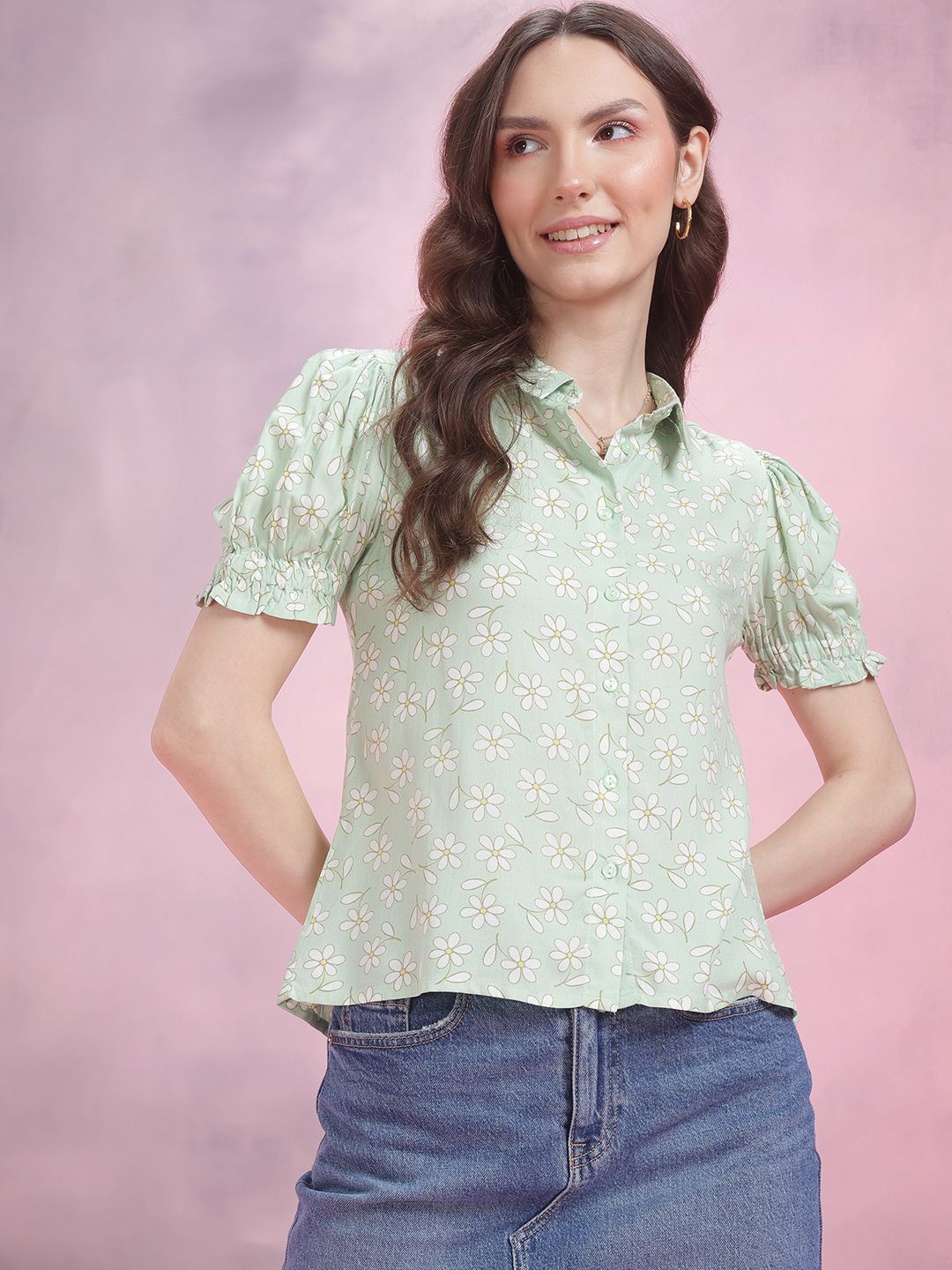DressBerry Floral Print Puff Sleeve Shirt Style Top