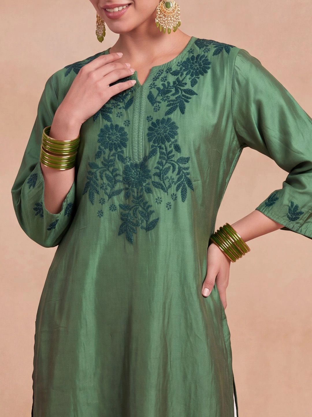 House of Chikankari Women Floral Embroidered Thread Work Chanderi Silk Kurta