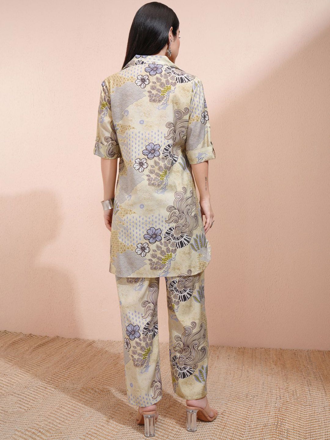 Vishudh Yellow Floral Printed Shirt Collar Three-Quarter Sleeves Top With Trouser