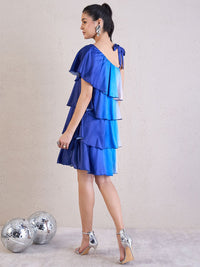 Antheaa Women Tie and Dye Dyed One Shoulder Layered Satin Above Knee A-Line Dress
