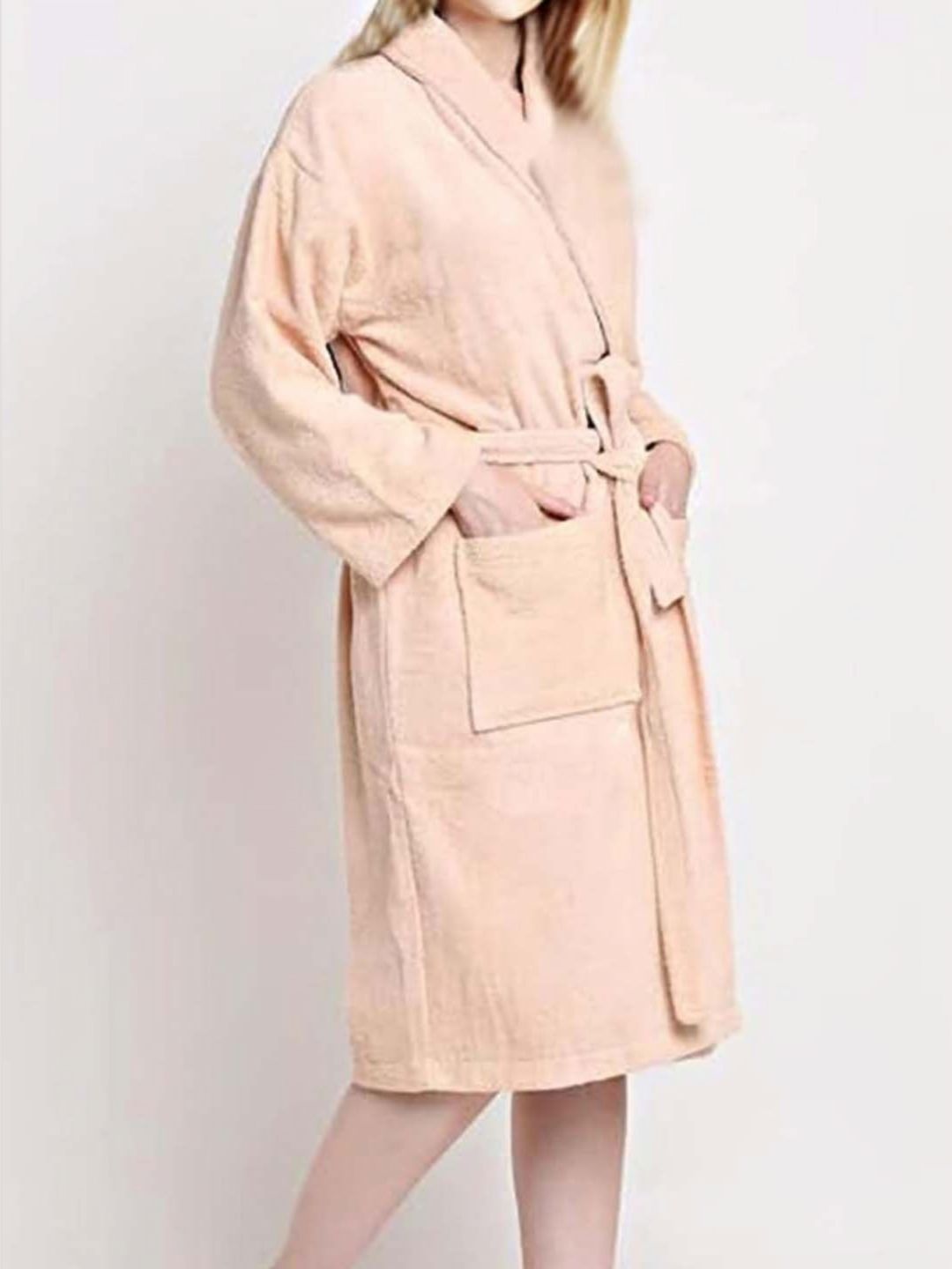 BOMBAY DYEING Peach-Coloured Pure Cotton Long Sleeve Bath Robe With Waist Belt