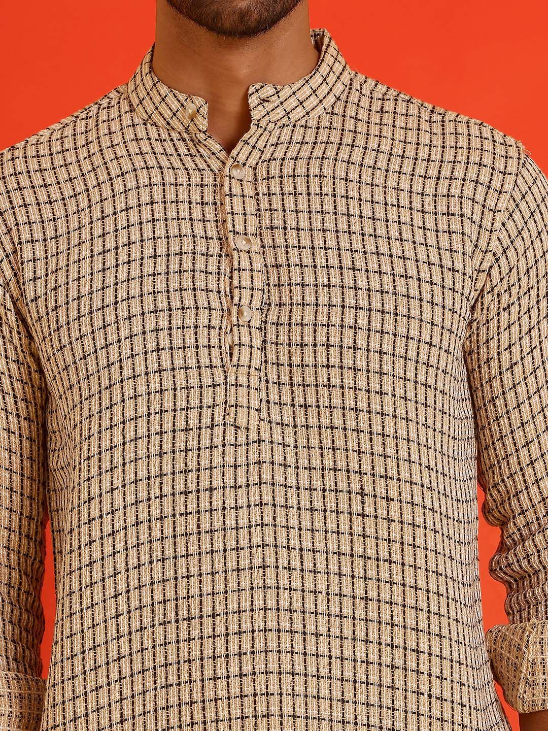 Jompers Checked Band Collar Long Roll-Up Sleeves Straight Kurta