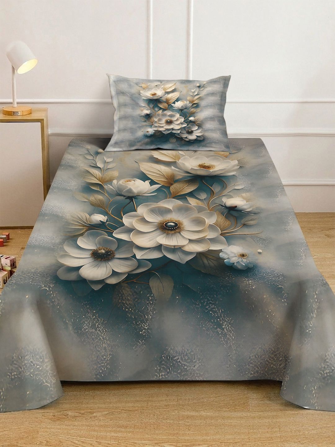 KLOTTHE Grey & Beige Floral Fitted 400 TC Single Cadar 7D dengan 1 Sarung Bantal