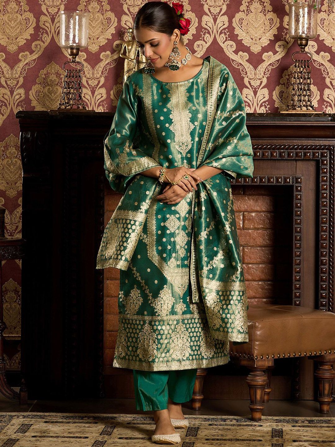 Indo Era Ethnic Motifs Woven Design Zari Straight Kurta With Trousers & Dupatta
