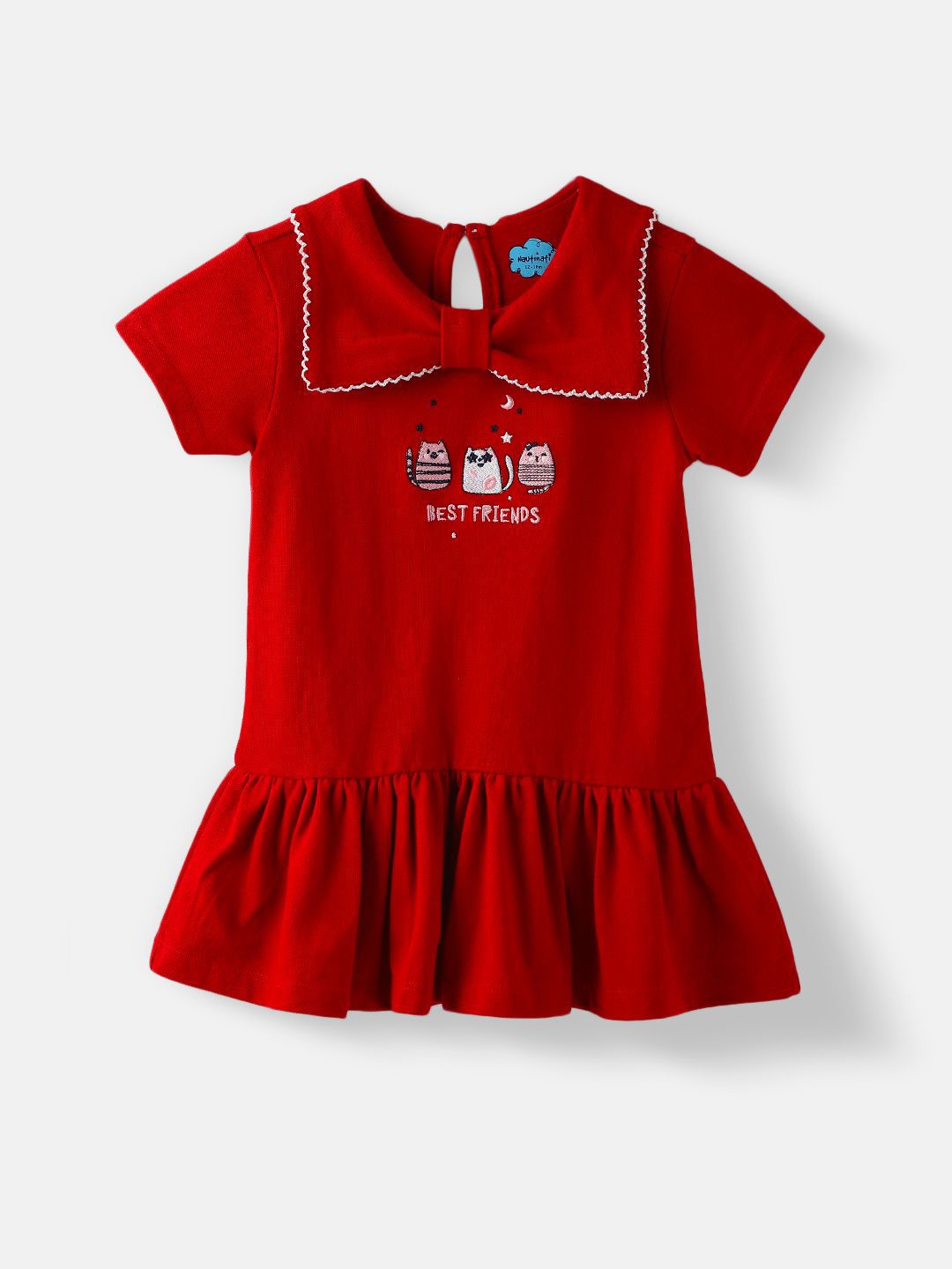 Nauti Nati Girls Cotton Pique Graphic Printed Dress With Bow Collar