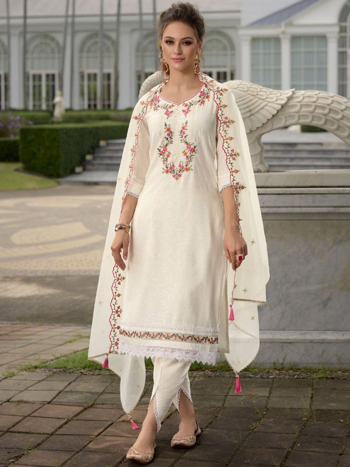 Varanga Floral Yoke Design Thread Work Straight Kurta With Dhoti Pants & Dupatta