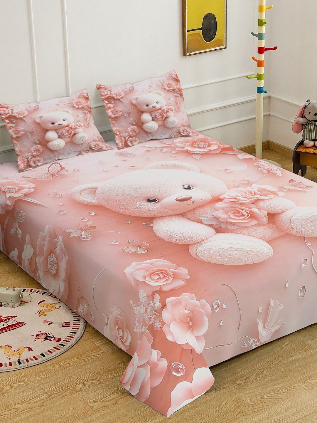 Myntra Elegant Homes Kartun Merah Jambu 400 TC King 7D Cadar Dengan 2 Sarung Bantal-250X225 cm
