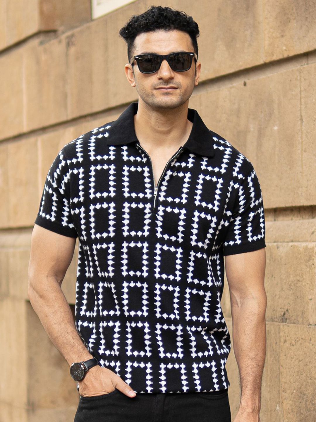 Powerlook SS25 Geometric Knit Polo Collar Pure Cotton T-Shirt