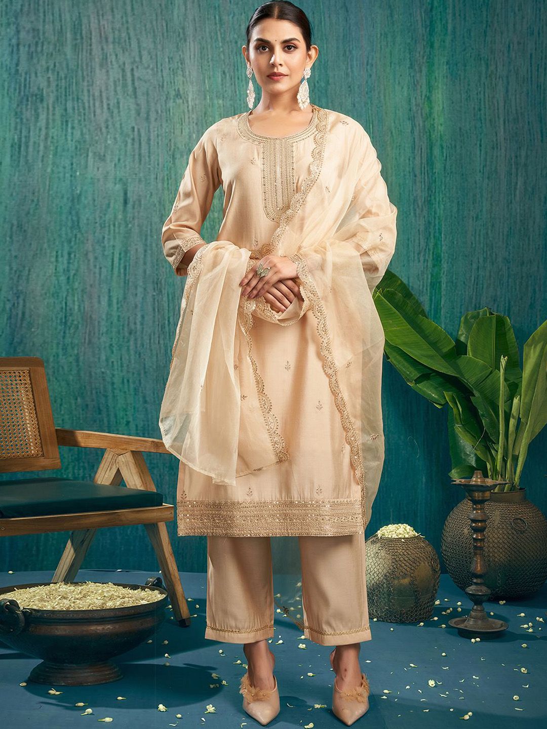 KALINI Ethnic Motifs Embroidered Sequinned Chanderi Silk Kurta & Trouser & Dupatta