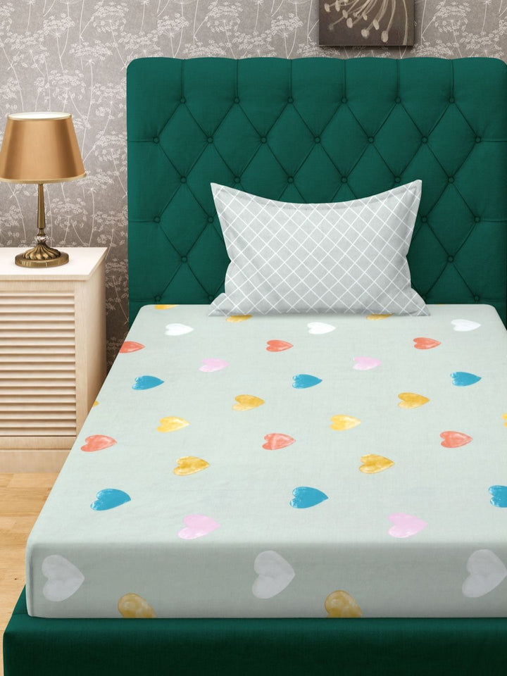 KLOTTHE Green Conversational Polycotton 300 TC Single Fine Bedsheet with a Pillow Cover-89 x 59 inches