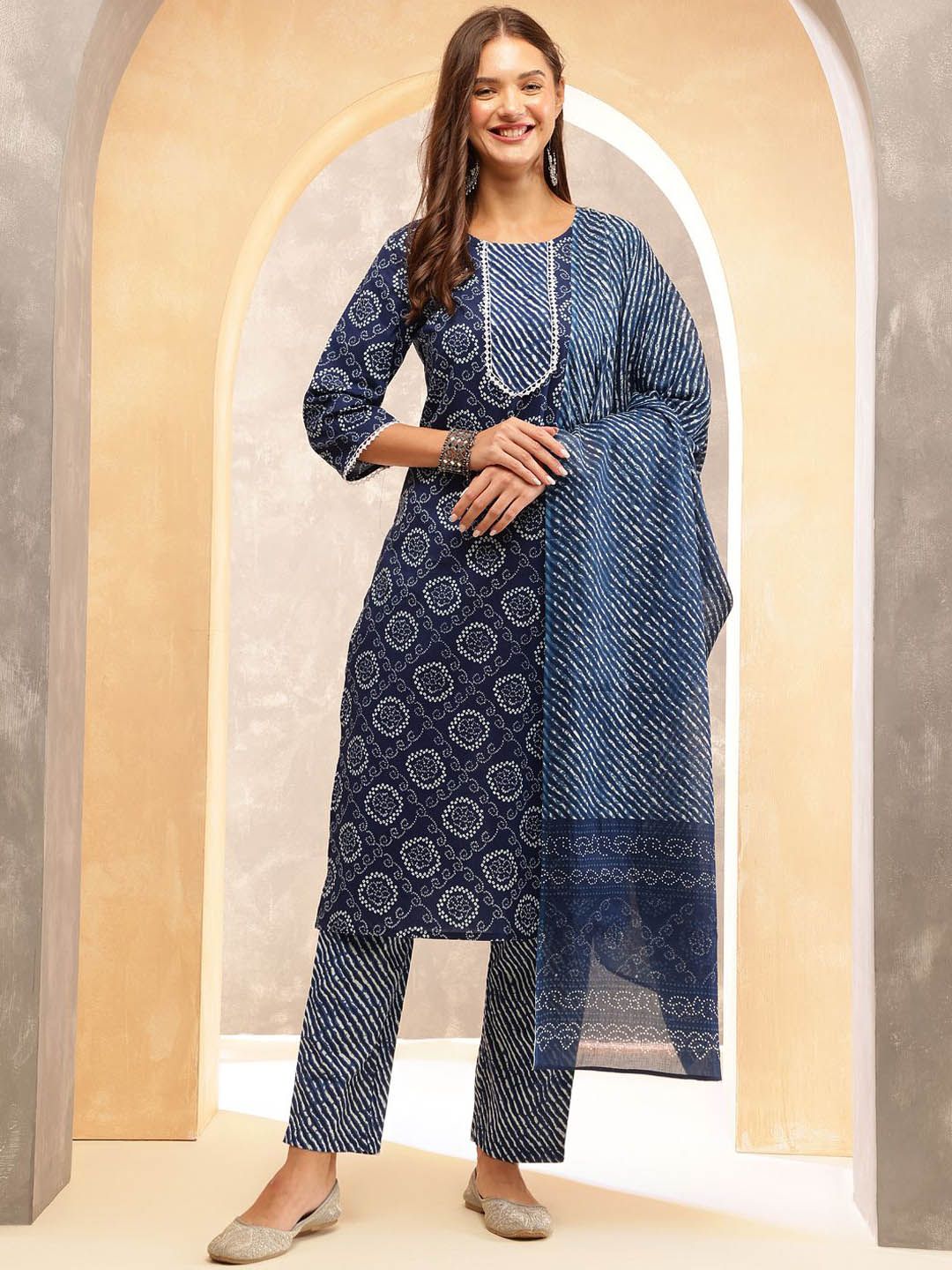 Anouk Women Ethnic Motifs Printed Regular Sequinned Pure Cotton Kurta with Trousers & With Dupatta