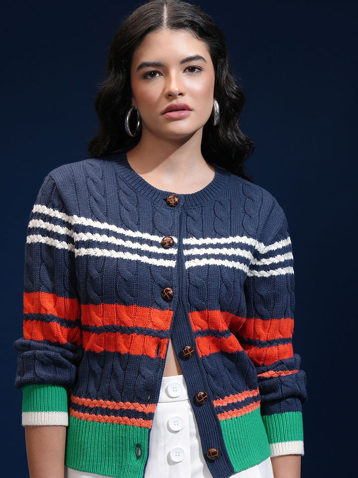 ESPYR By Tokyo Talkies Women Cable Knit Self Design Cardigan