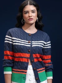ESPYR By Tokyo Talkies Women Cable Knit Self Design Cardigan