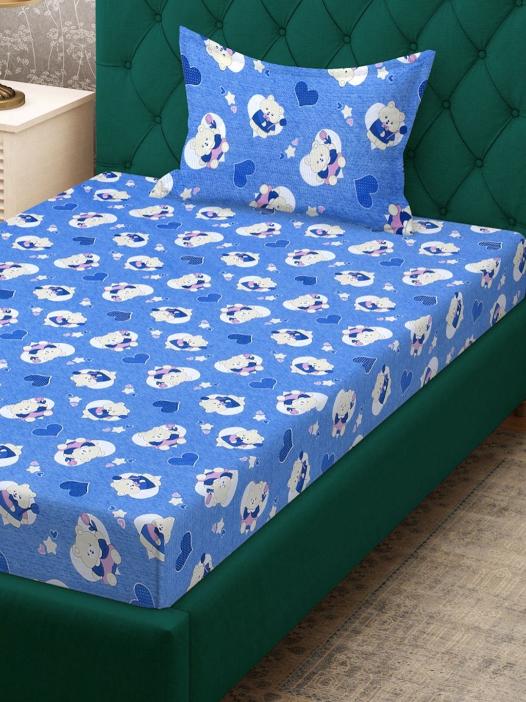 Myntra Elegant Homes Blue 400 TC Pure Cotton Fitted Single Bedsheet Set 2.25 m x 1.5 m