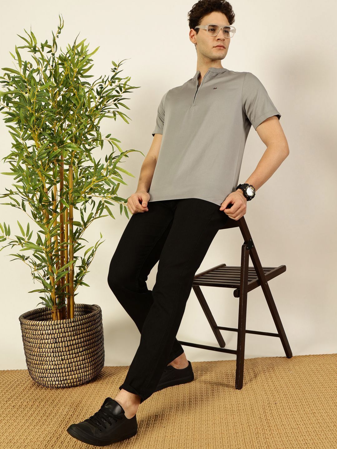 Thomas Scott Men Solid Mandarin Collar Cotton T-Shirt