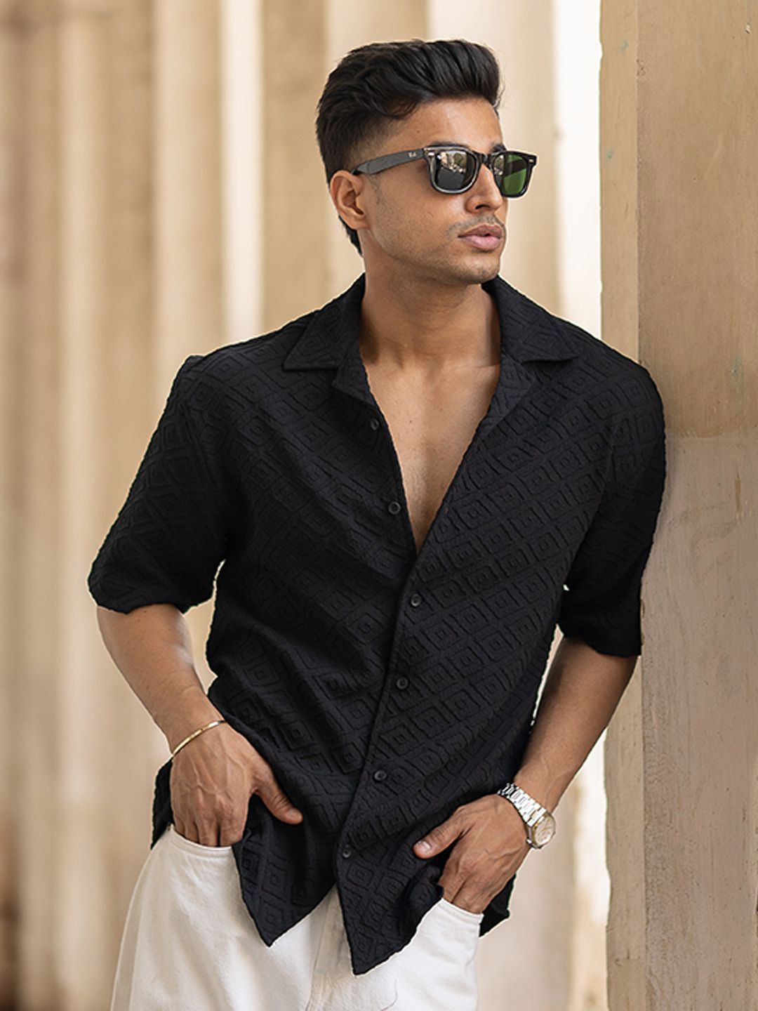 Powerlook Men Oversized Fit Cuban Collar Textured Casual Shirt