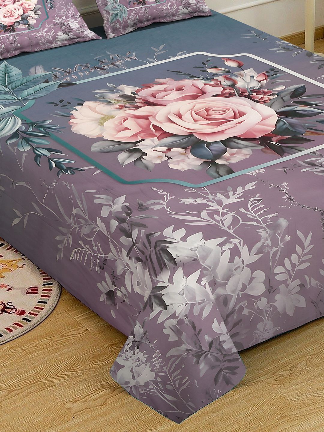 KLOTTHE Purple & Pink Printed 400 TC Double Bedsheet With 2 Pillow Covers-98.4 x 88.5 Inch