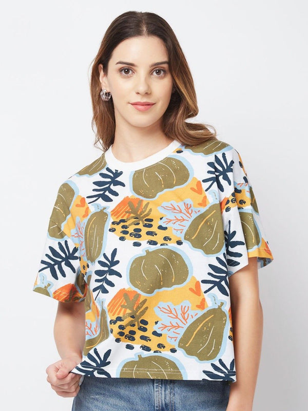 SPYKAR Women Floral Printed Round Neck Cotton Oversized T-shirt