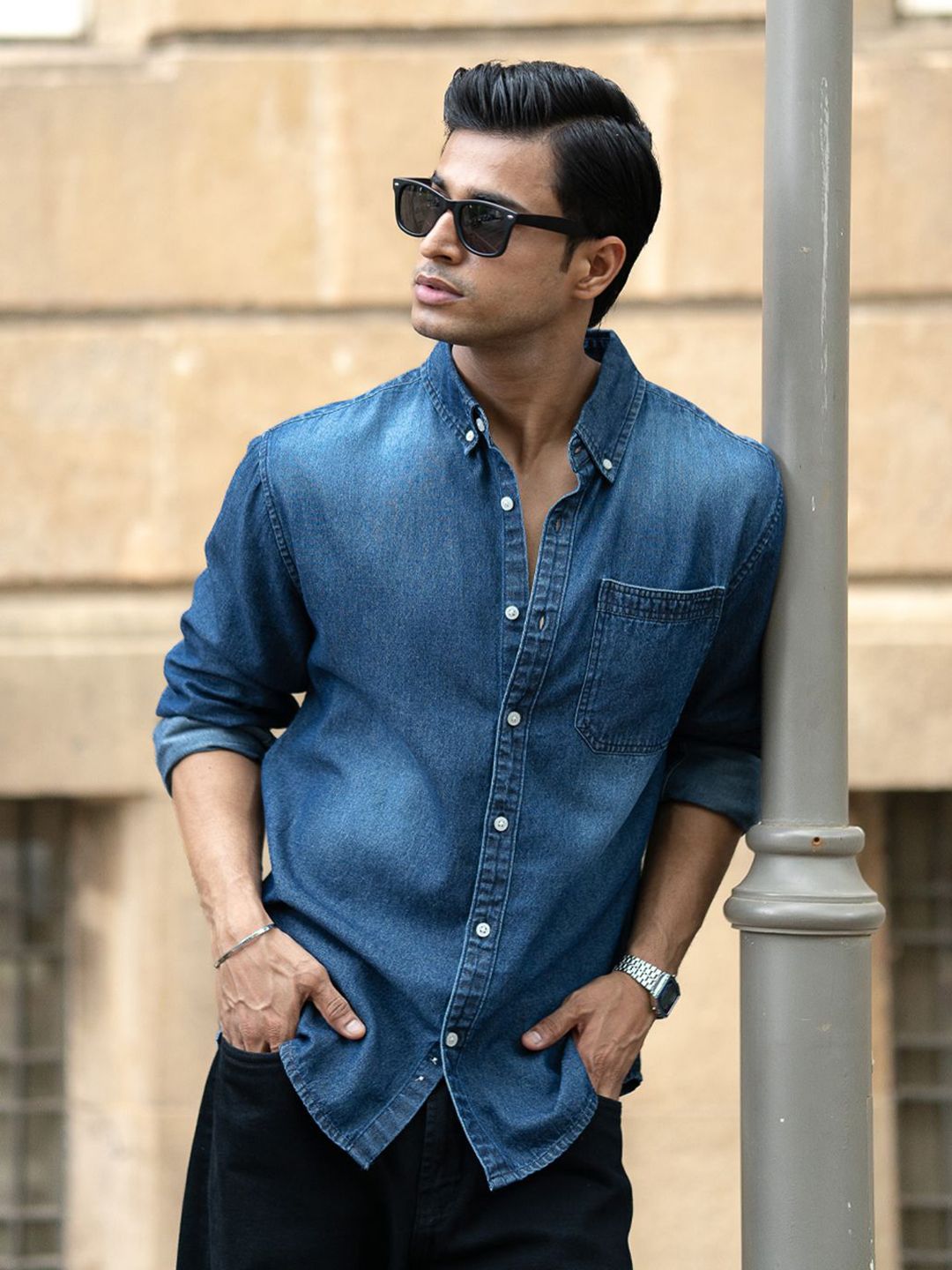 Powerlook Spread Collar Long Sleeves Denim Shirt