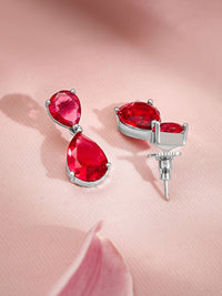 Rubans premium rhodium bersalut set barang kemas pernyataan ruby ​​merah