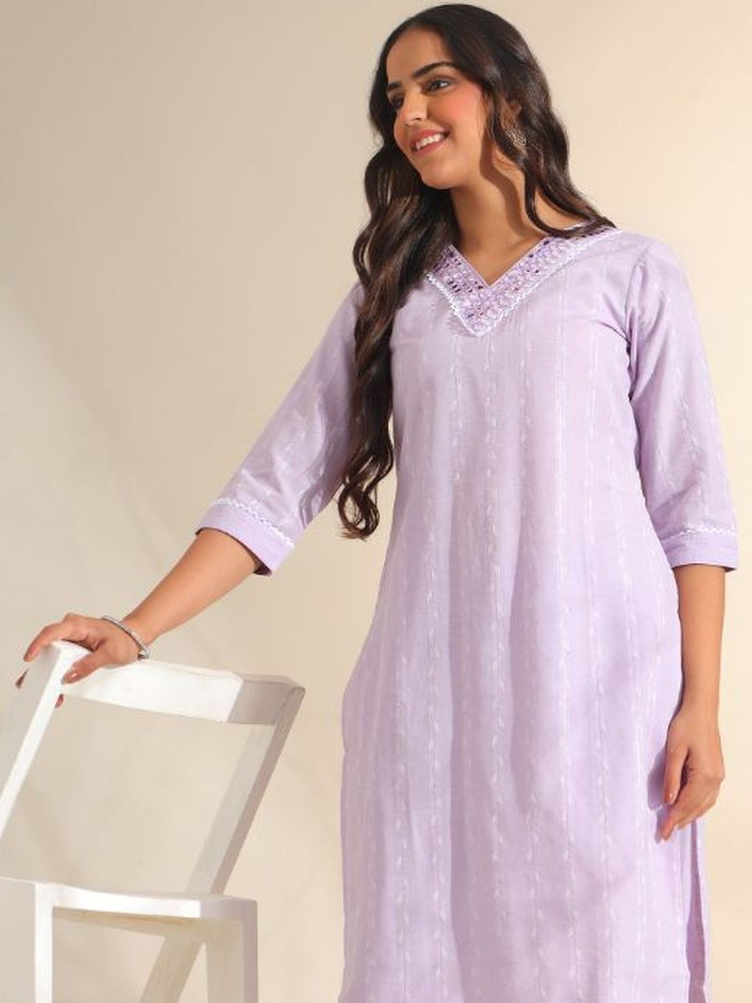 Mamicha Women Regular Mirror Work Pure Cotton Kurta with Trousers