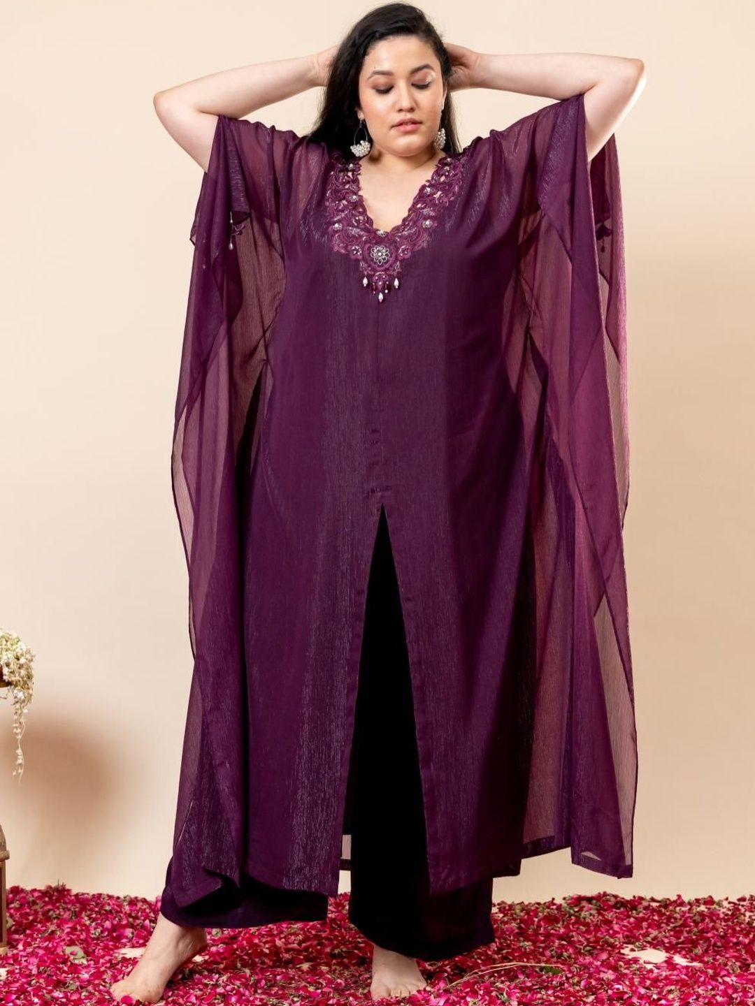 Set Kaftan & Seluar Co-Ords Sulam Mamicha Mehfil V-Neck
