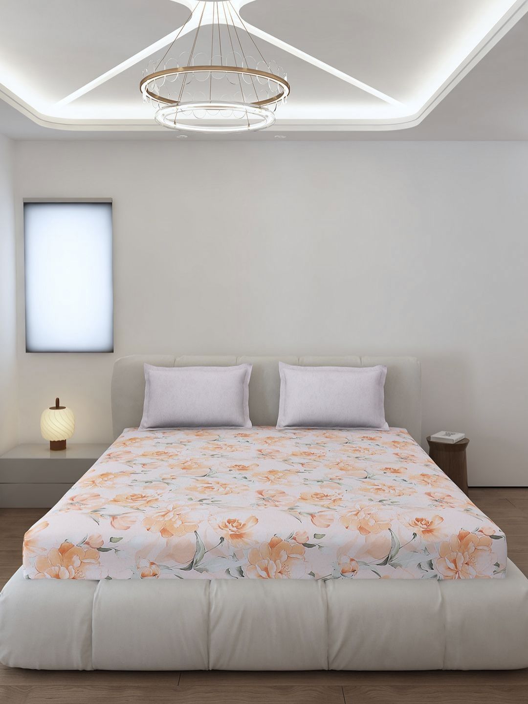 Monte Carlo Edmond White & Orange Floral Printed 144 TC King Bedsheet Set 2.70 m x 2.70 m