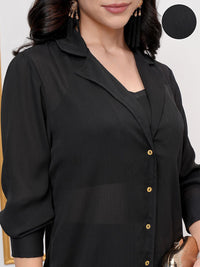 Vishudh Lapel Collar Long Sleeves Long Shirt With Palazzo With Crop Top