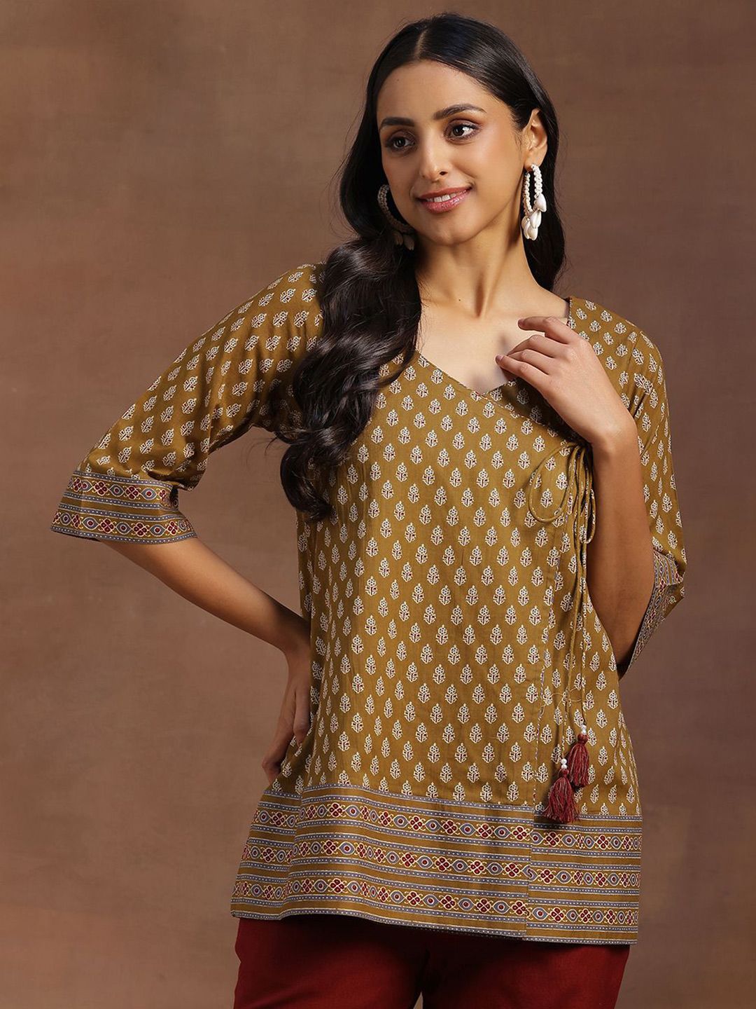 Libas Floral Printed V-Neck Pure Cotton Angrakha Kurti