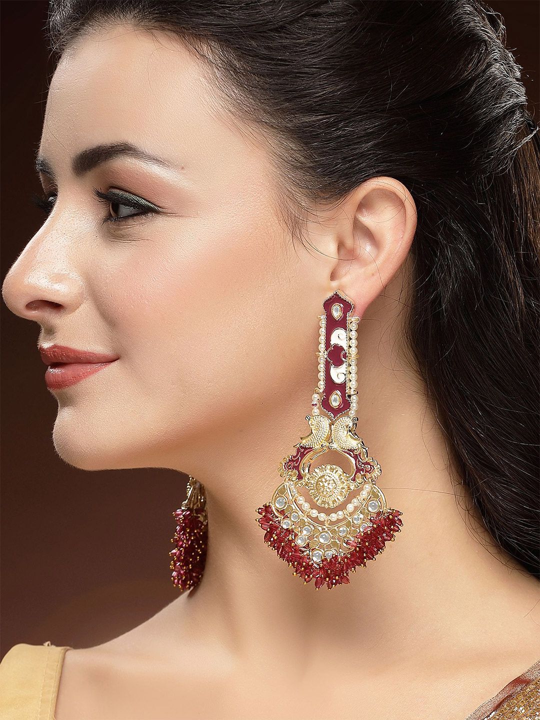 KARATCART Gold-Plated Contemporary Meenakari Kundan Crystal Studded Drop Earrings