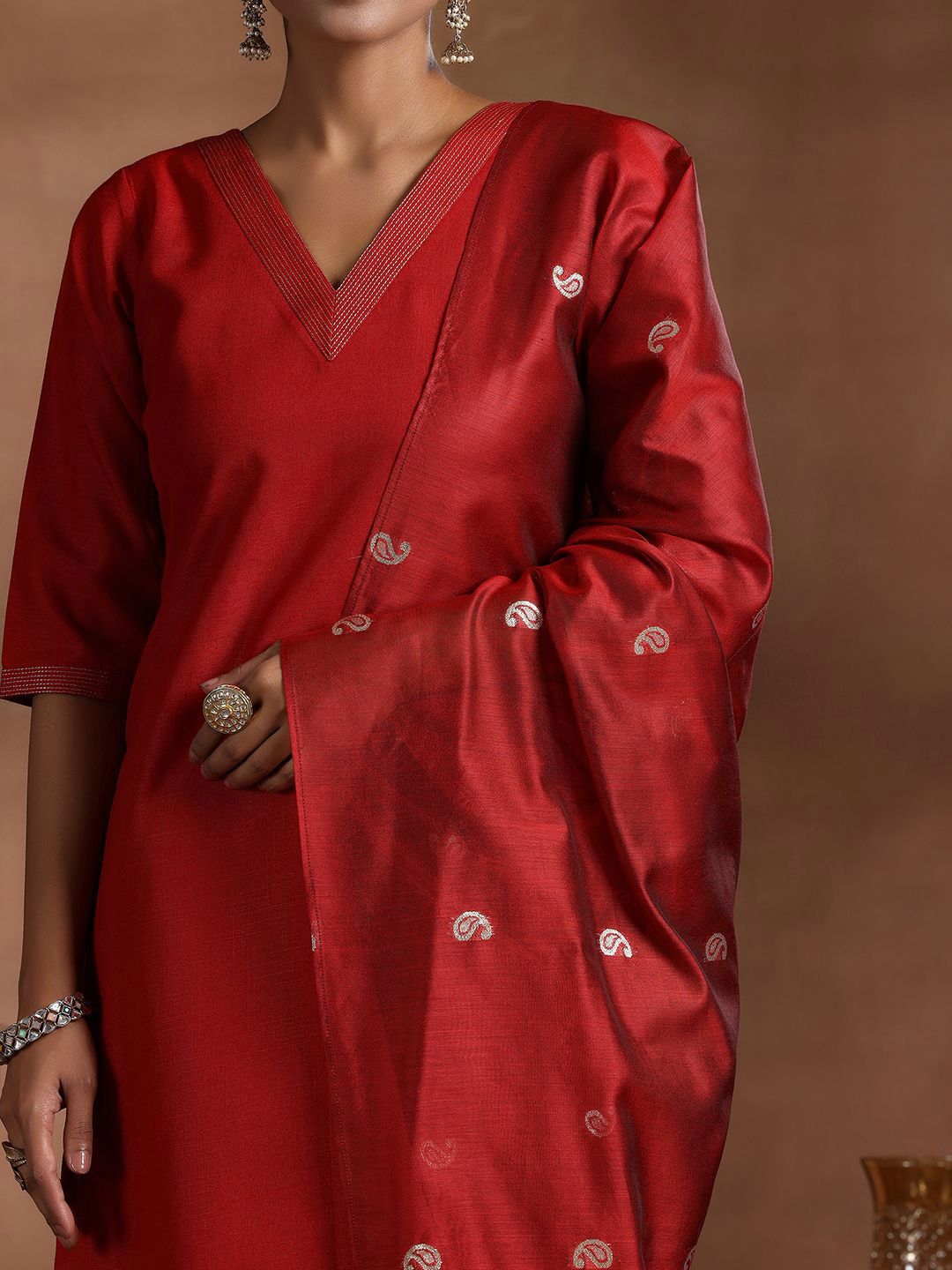 Libas Zari V-Neck Straight Kurta With Salwar & Dupatta