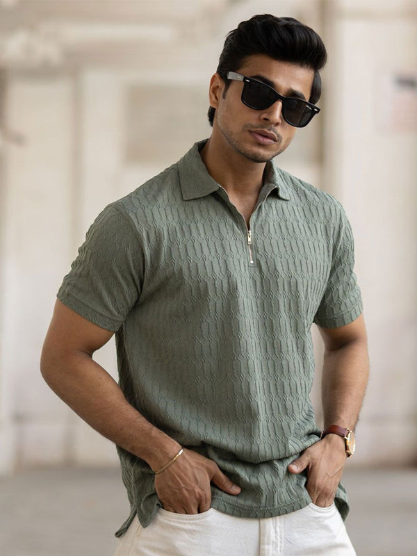 Powerlook Men Self Design Polo Collar Cotton T-shirt