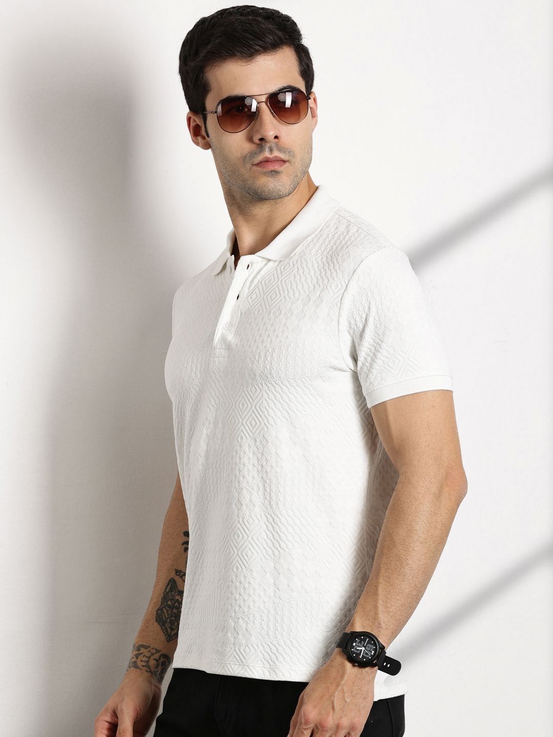 Thomas Scott Men Self Design Polo Collar T-shirt