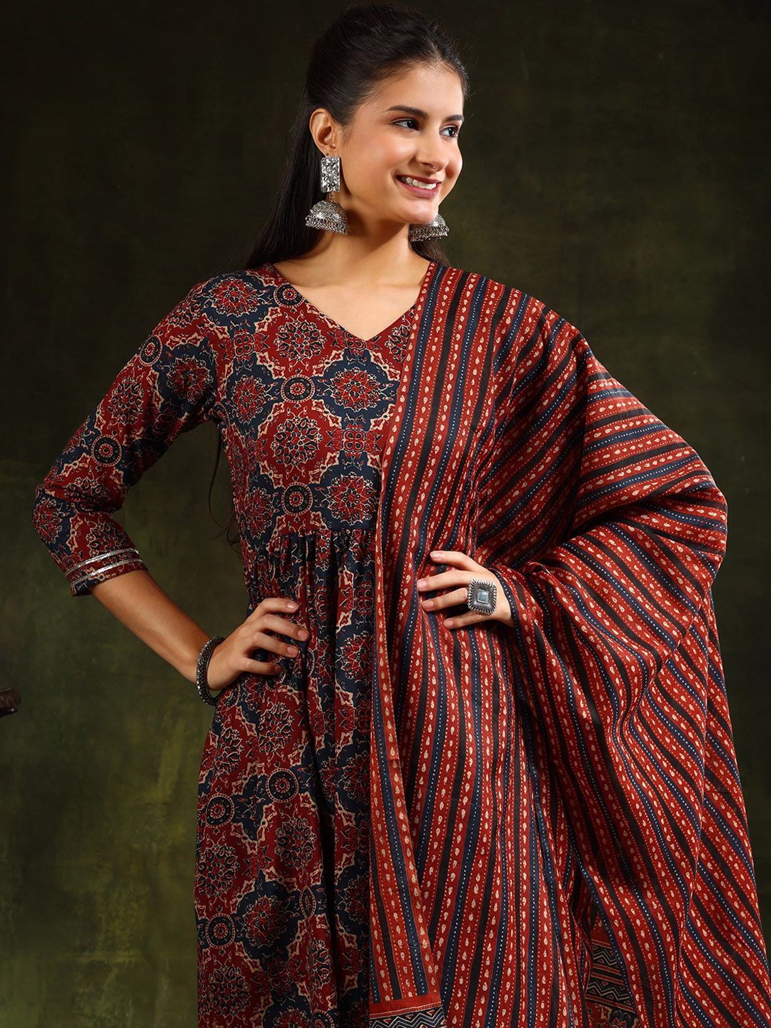 KALINI Ethnic Motifs Printed Anarkali Kurta With Trousers & Dupatta
