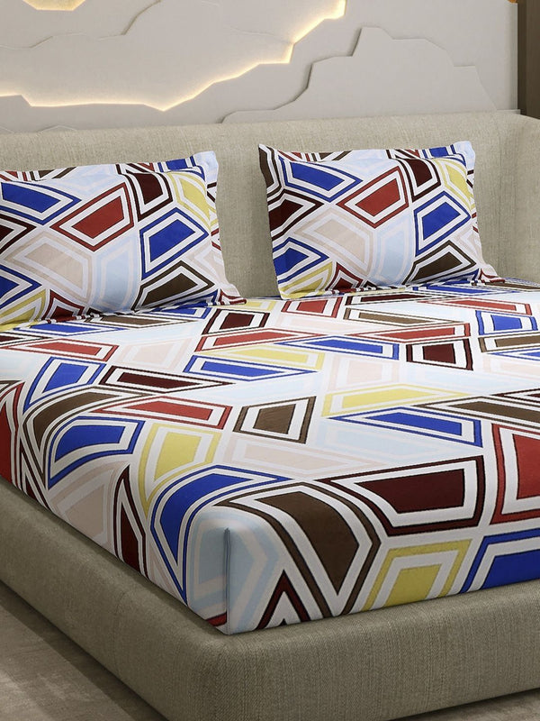 Monte Carlo Blue & Rust Printed Cotton 104 TC Queen Bedsheet Set 2.24 m x 2.54 m