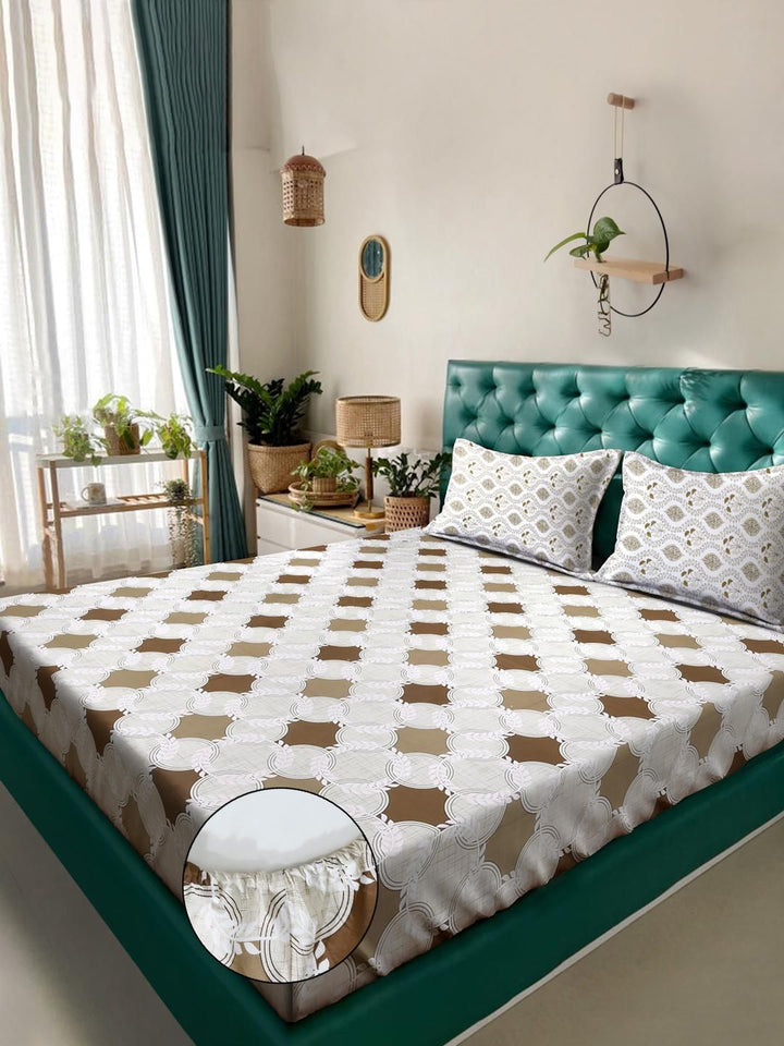 KLOTTHE Beige Geometric 400 TC King Bedsheet with 2 Pillow Covers