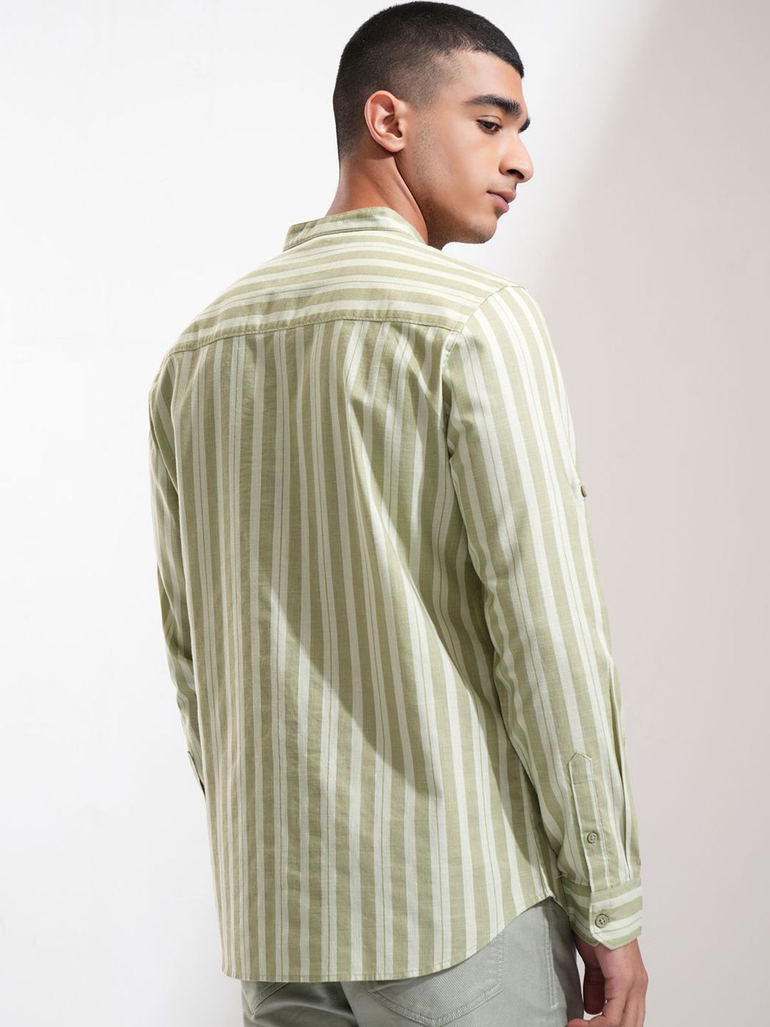 Highlander Men Cotton Linen Printed Striped Mandarin Collar Roll Up Sleeve Casual Shirt