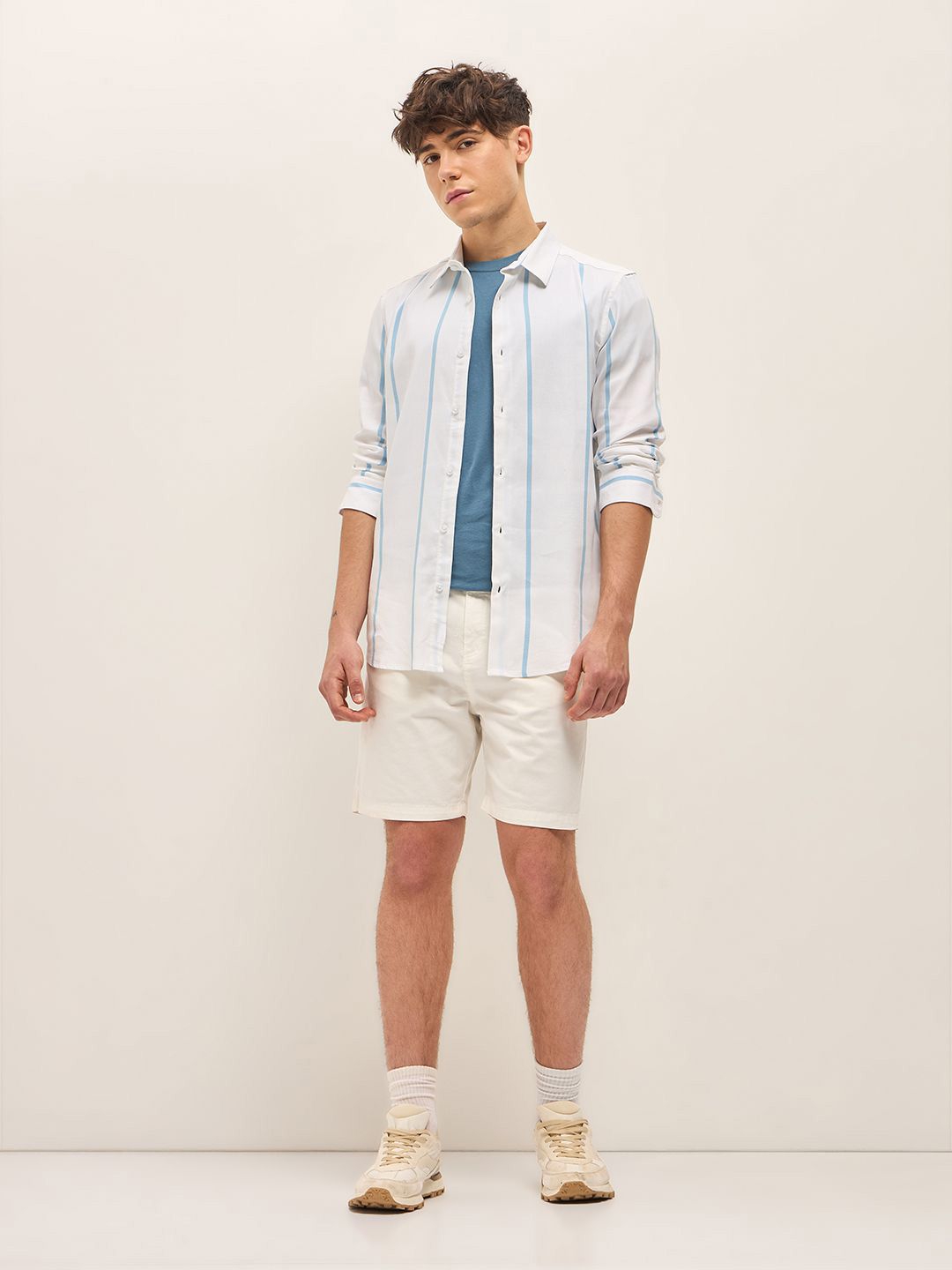 THE BEAR HOUSE Men Spread Collar Vertical Striped Cotton Slim Fit Casual Shirt
