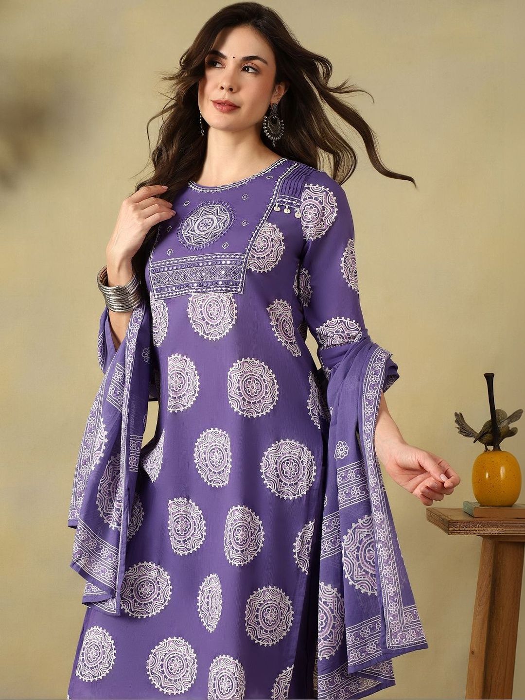 Mamicha Women Ethnic Motifs Printed Regular Mirror Work Pure Cotton Kurta with Trousers & With Dupatta