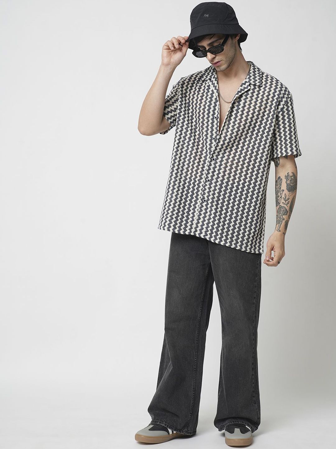 VASTRADO Men Classic Cuban Collar Geometric Printed Cotton Casual Shirt