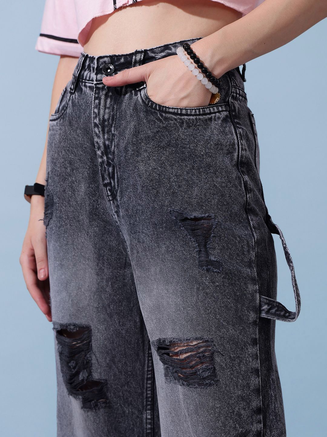 STREET 9 Women Comfort Relaxed Fit Slash Knee Heavy Fade Jeans