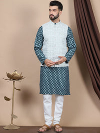 Anouk Floral Printed Regular Pure Cotton Straight Kurta With Churidar & Nehru Jacket
