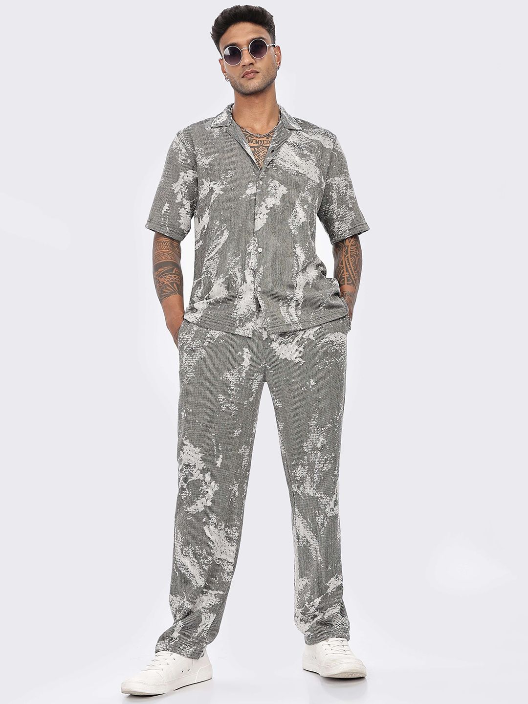 Baju Kapas Tulen Kolar Bercetak Abstrak Eszett Dengan Set Co-Ord Seluar