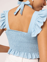 DressBerry Ocean Oasis Flirty Tie-up Smocked Padded Crop Top